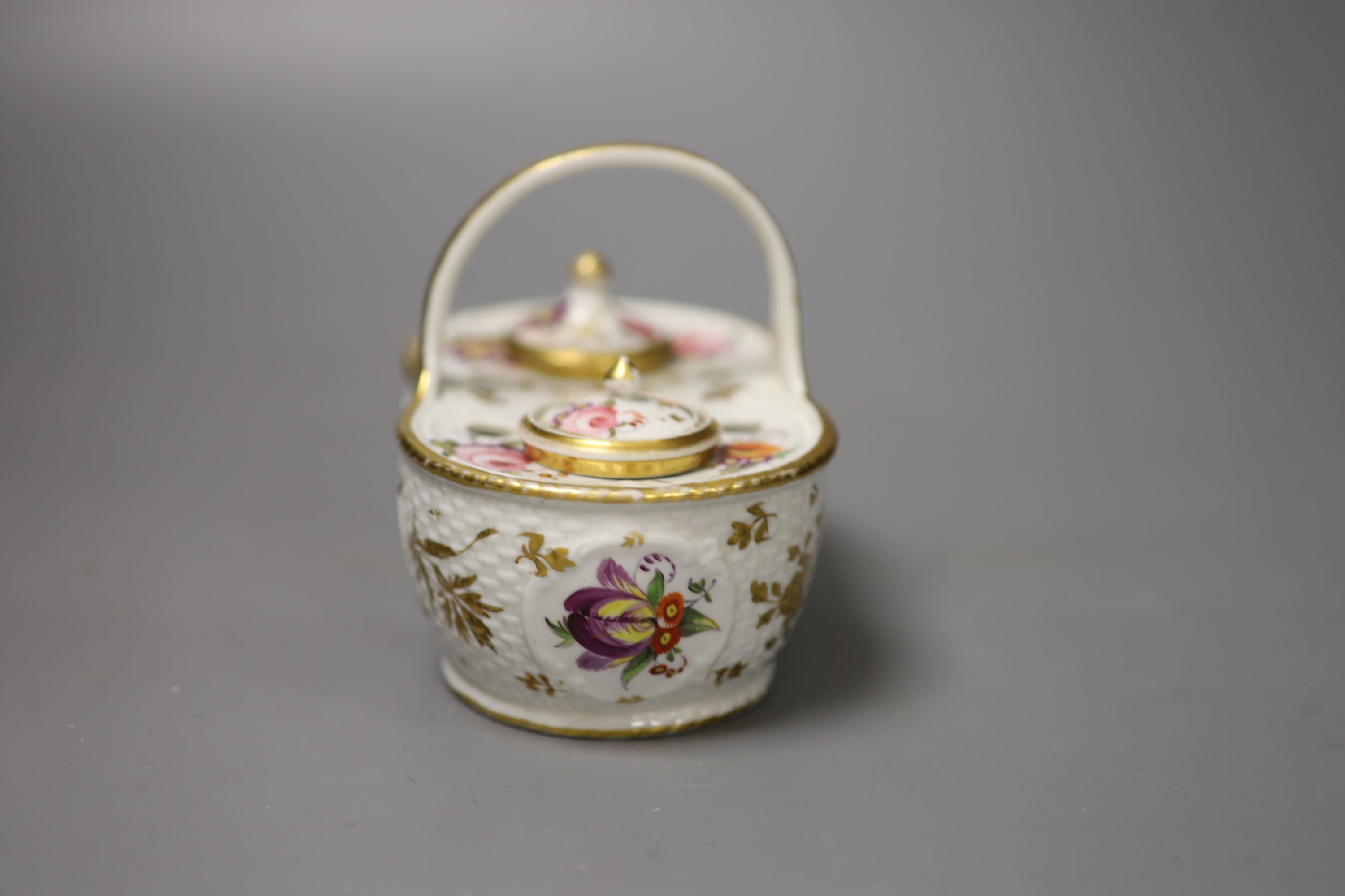 A Spode inkstand in the form of a basket with weave moulding having two ink pots and cover,